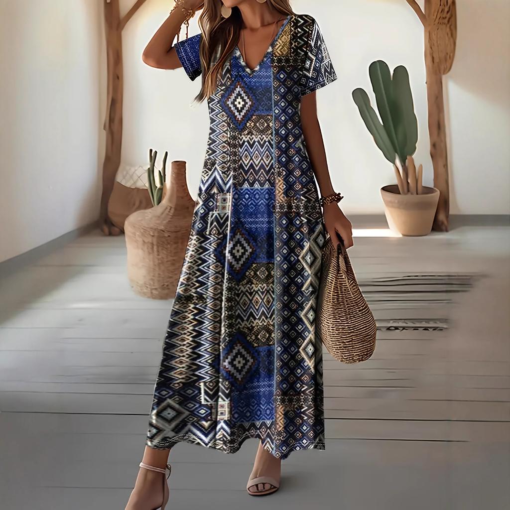 Europe, America, summer new fashion casual printing geometric pattern v-neck dress long dress