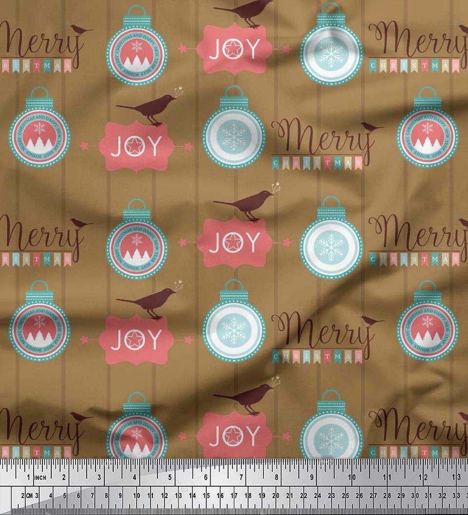 Soimoi Grey Japan Crepe Satin Fabric Bird,Stripe & Baubles Christmas Print Fabric by the metre 42 Inch