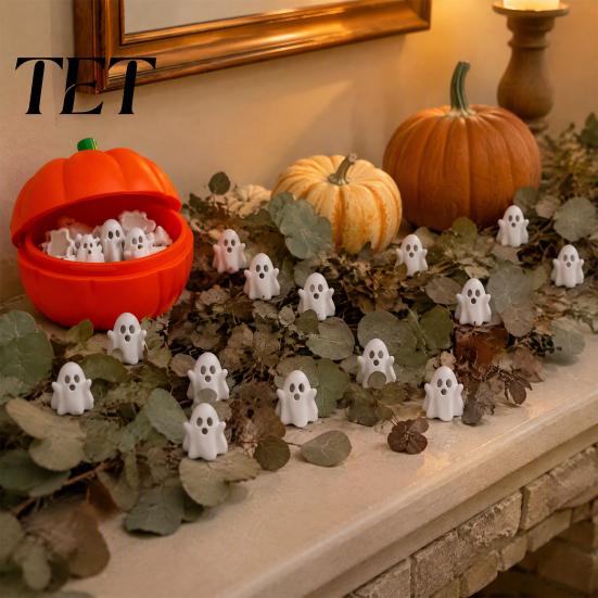 Pumpkin Storage Organizer Halloween Box with 20 Mini Ghosts, for Candy & Treat, Container Lid Trick or Treat Holiday Party Ghost Figures