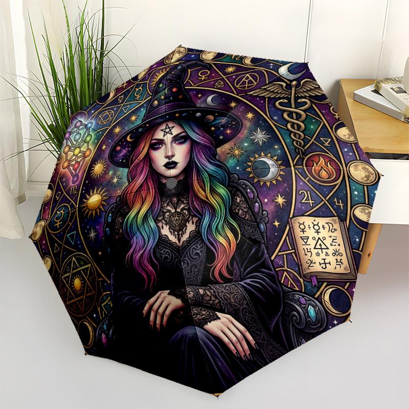 Witchcraft Halloween Magic Compact Travel Automatic Umbrella Folding Umbrella with 8 Ribs Lightweight for Women/Men Fashionable