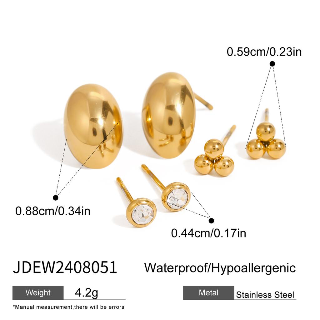 Youthway Gold Plated Stainless Steel White Zircon Geometric Bead Oval Stud Earrings Set For Women Trendy Charm Jewelry Gift