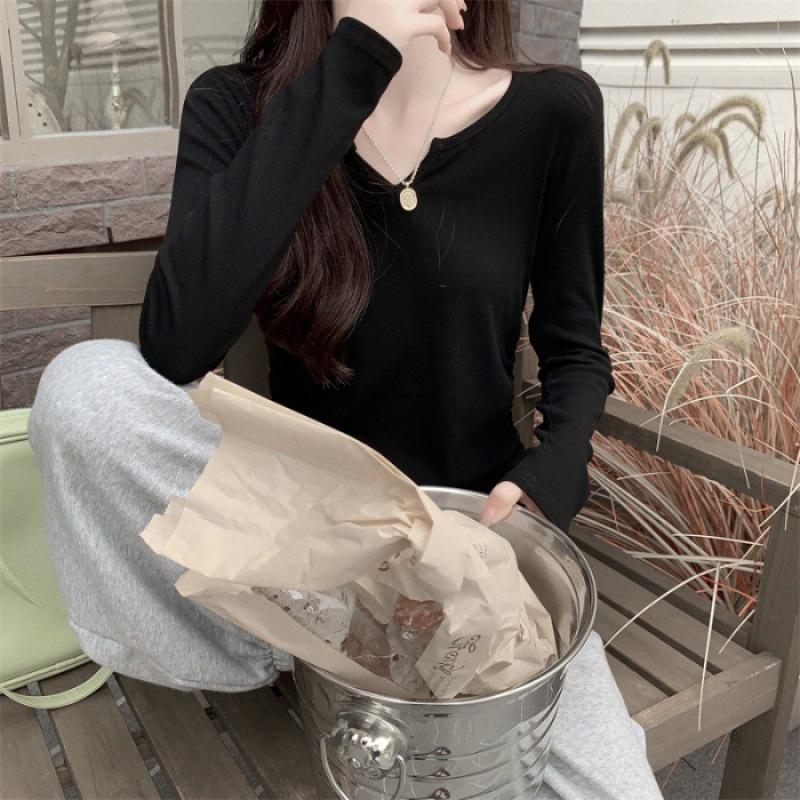 Women's Slim Fit V-Neck Drawstring Long-Sleeve Autumn Top