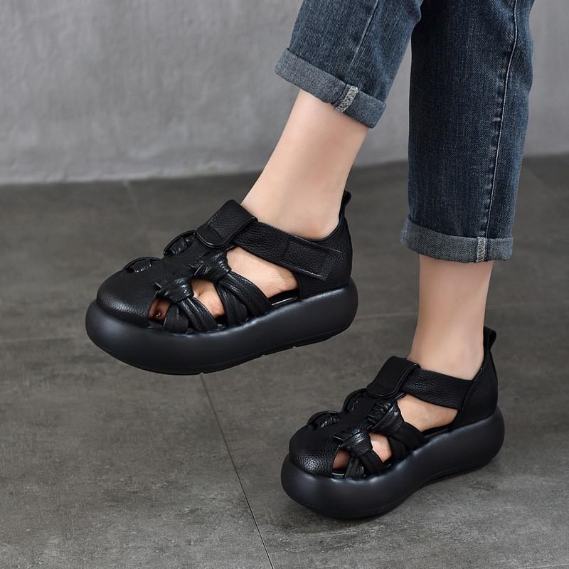 Johnature Genuine Leather Retro Hand Woven Hollow-out Sandals Soft Soled Women's Flat Platform Shoes