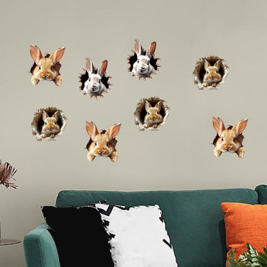 Yousheng 4Sheets Easter Bunny Wall Sticker Waterproof Self-adhesive 3D Effect Broken Wall Simulation Rabbit Home Living Room Wall Art Decoration Decal