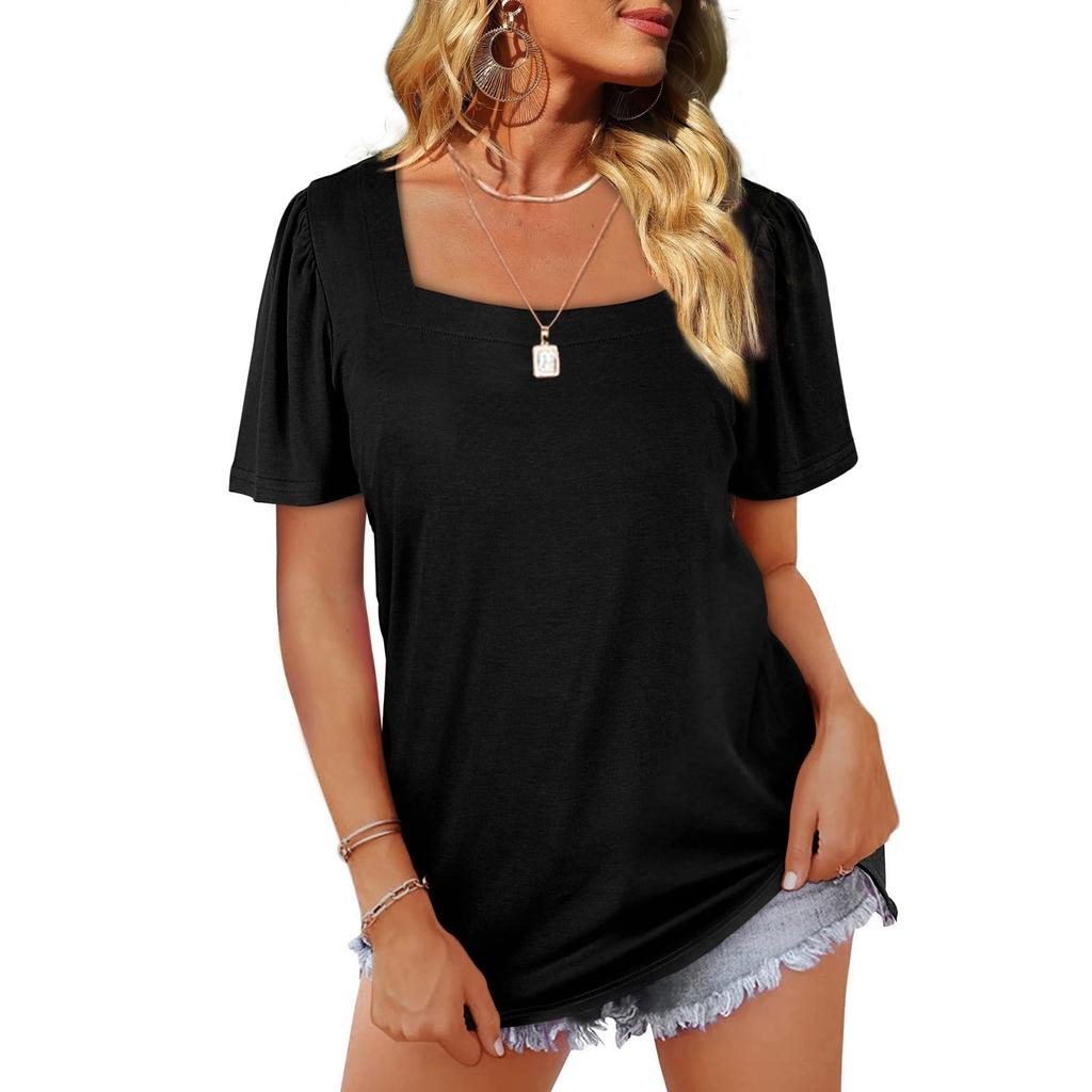 Women's Fashion Casual Square Neck Short Sleeve Solid Color Tops Blouse