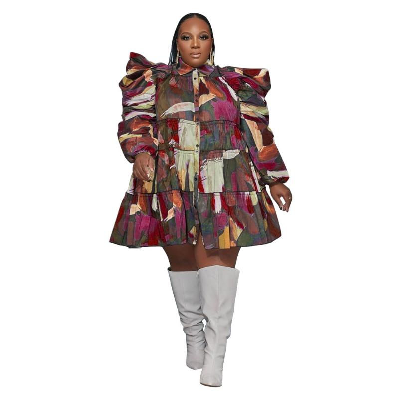 Plus Size Women Fashion Printed Button Shirt Dress
