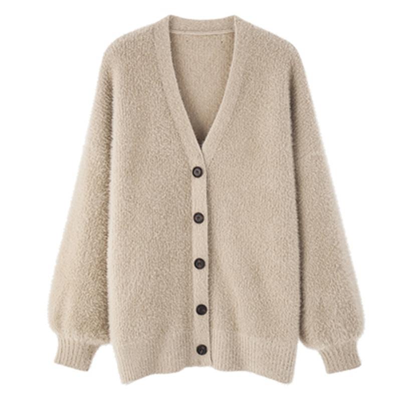 

Осенне-зимний свободный кардиган Newe, однотонный тонкий вязаный кардиган, свитер с v-образным вырезом из искусственного норкового флиса, пальто, женское пальто 11650 L дубильная кора