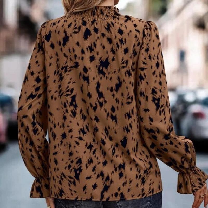 Print Tops Fashion Womens Clothes Temperament Elegant Shirts Hedging Long Sleeve Half-high Collar Blouse Loose Office Shirt