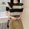 Retro Striped Knitted Short-sleeved Blouse Cap Sleeves Round Neck Ladies Sweater Woman Fashion Clothing