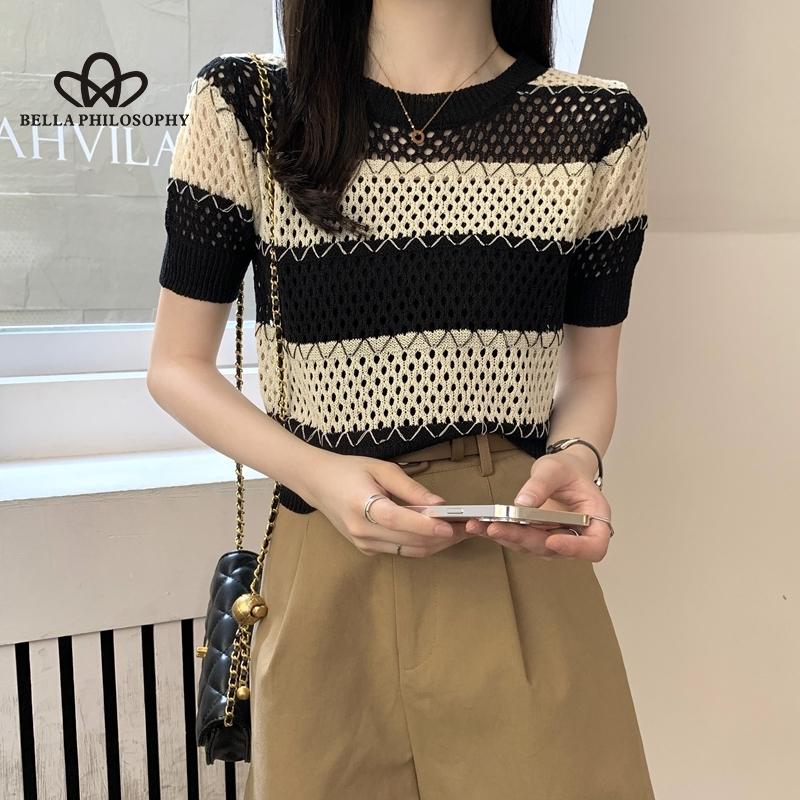 Retro Striped Knitted Short-sleeved Blouse Cap Sleeves Round Neck Ladies Sweater Woman Fashion Clothing