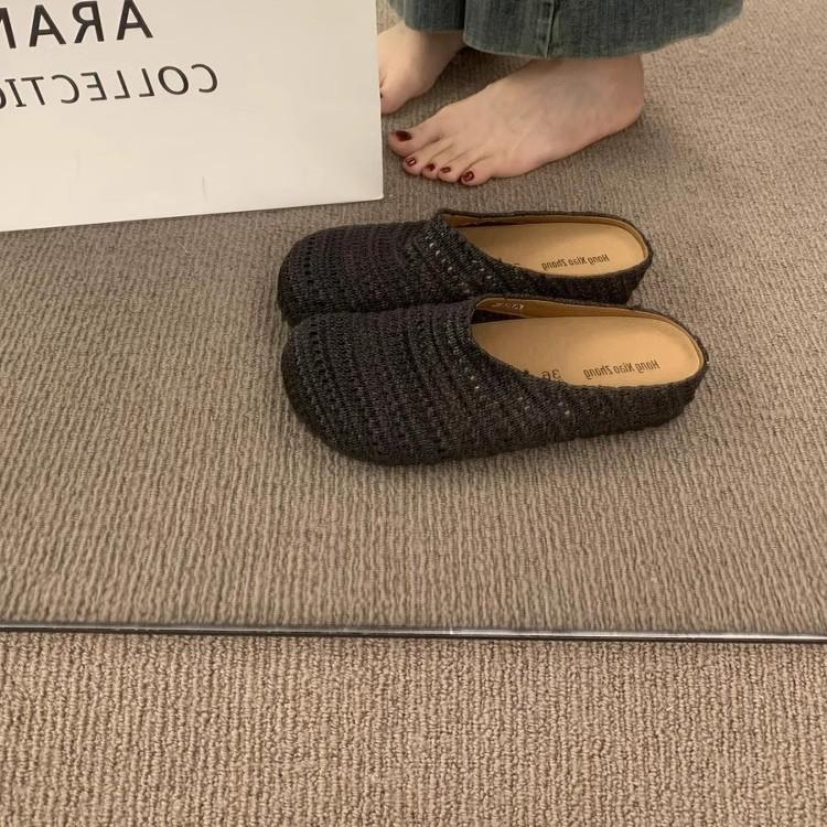 French Niche Hand-woven Hollow Breathable Bag Head Half Slippers Women's Summer Wear Roman Style Thick-soled Boken Shoes