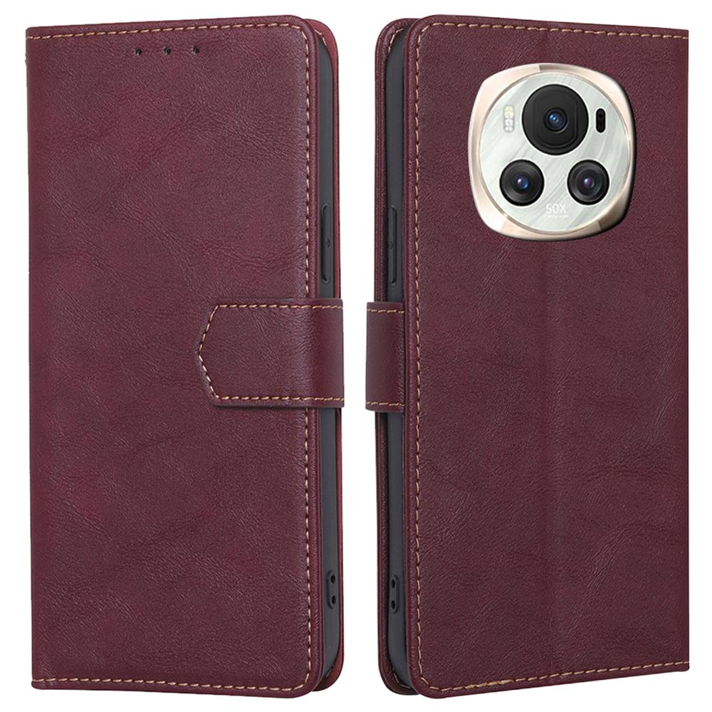 

For Honor Magic6 Pro 5G Case RFID Blocking Card Slot Leather Wallet Phone Cover Wine Red