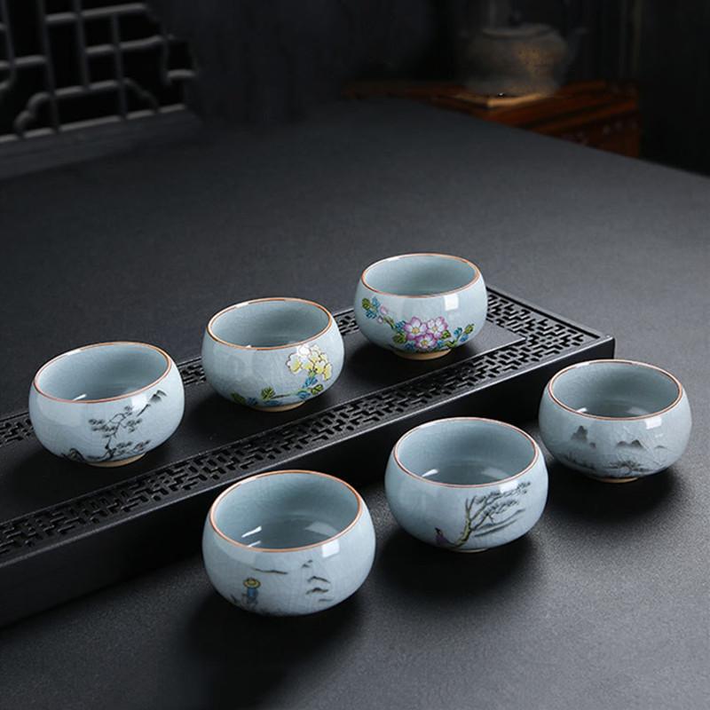 Boutique Ru Kiln Ceramic Teacup Hand Painted Flowers Meditation Cup Travel Tea Bowl Tie Guanyin Pu'er Master Cup Tea set Gifts