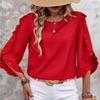 Women Tops Round Neck Lace Trim 3/4 Sleeve Pullover Tops Solid Color Loose Fit Spring Summer Tee Shirt Daily Wear