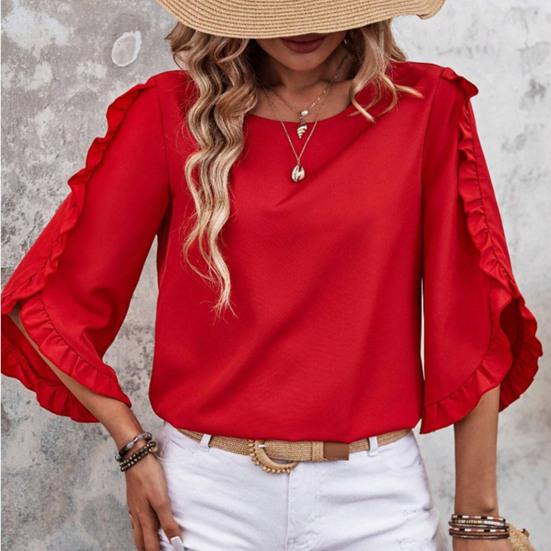 Women Tops Round Neck Lace Trim 3/4 Sleeve Pullover Tops Solid Color Loose Fit Spring Summer Tee Shirt Daily Wear