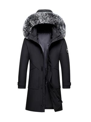 Męski ciepły płaszcz średniej długości z kapturem i kołnierzem ze sztucznego futra