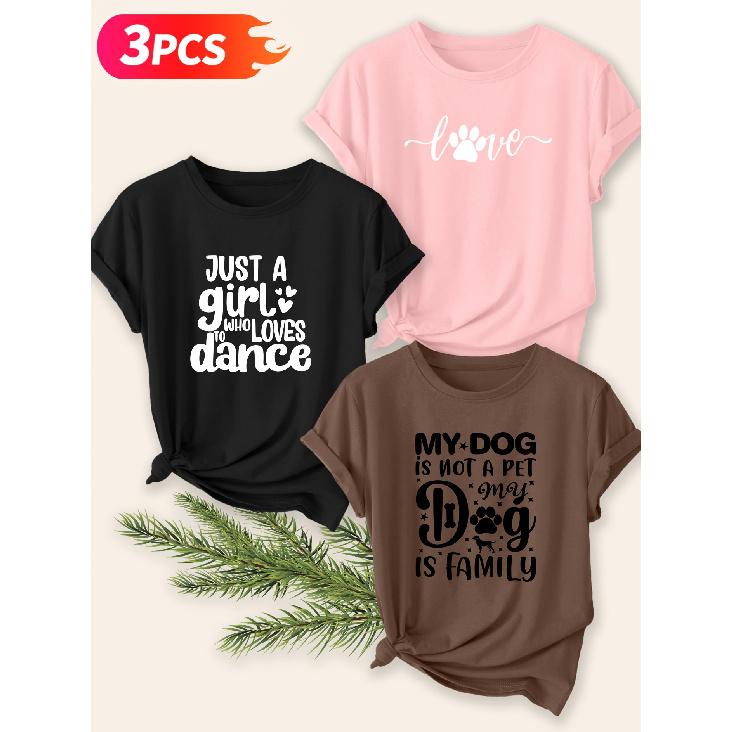Three-piece set Elegant short-sleeved shirt for women Pet Care and Hobby Themed Printed Round Neck Women's Top T Shirt Suitable for spring