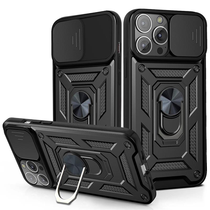 Armor Slide Camera Protection Phone Case For iPhone 13 12 11 Pro Max XR XS Max 6 7 8 Plus Ring Stand Holder Shockproof Cover