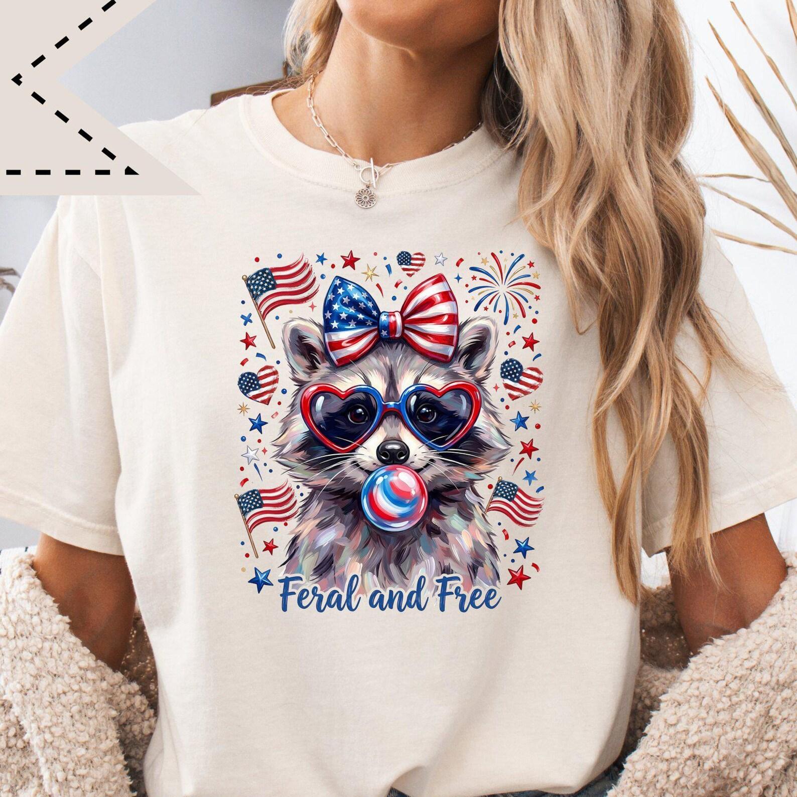 Feral and Free Graphic Raccoon USA Anniversary T-Shirt, Patriotic Summer Tee, Retro Silly Raccoon Shirt S