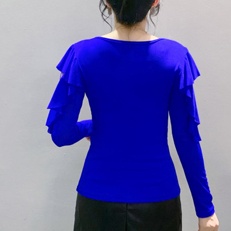 High Quality Spring Autumn Women Blue Black Mesh Inlaid Diamonds Ruffles TShirt Fashion Long Sleeve Slim Tops Sexy V-neck Casual Tees