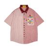 American Retro, Flower Embroidery Contrasting Color Splicing Short-sleeved Shirt Loose Half-sleeved Men's and Women's Couple Casual Shirt Summer