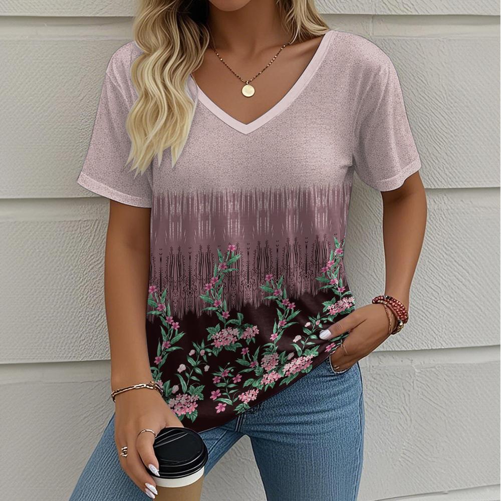 Damska Koszulka Kwiatowy Wzór Outdoor Retro Moda Codzienna Oversize Dekolt V Y2k Krótki Rękaw Letnia Odzież Damska
