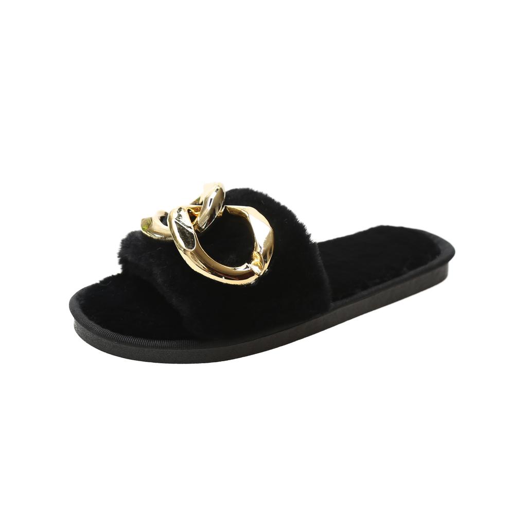 Fashion 2025 New Winter Plush Slippers Fashion Open Toe Solid Color Women's Sandals Metal Chain Casual Women's Shoes Fashion Shoes
