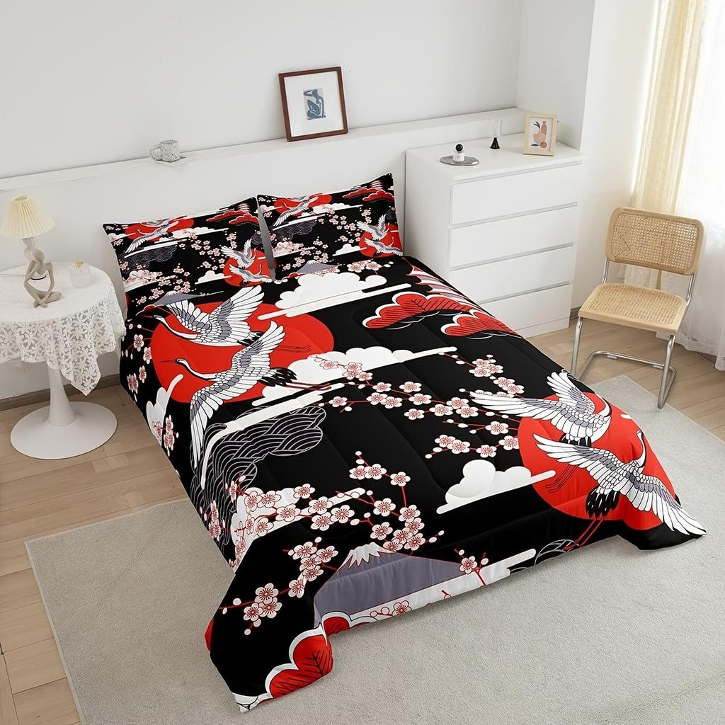 Erosebridal 2/3pcs Japanese-Style Comforter Set Crane Printed Cherry Blossoms Decor Comforter Japanese Traditional Pattern