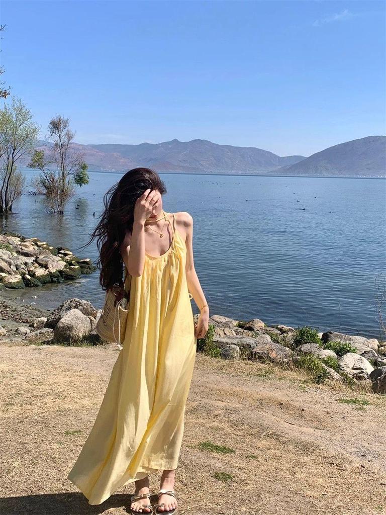 Yellow Spaghetti Strap Women's A-line Beach Dress - Summer Style, Age-Reducing, Loose Fit, Vacation Ready