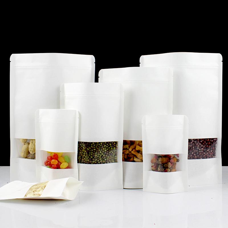 White Window Kraft Paper Bag - Resealable Stand-up Bag for Snacks and Tea