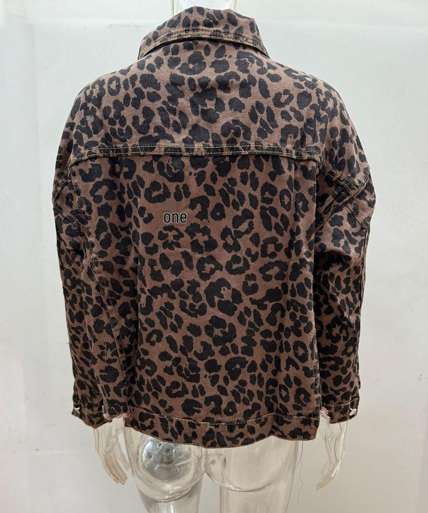 Leopard Print Long Sleeve Denim Short Jacket 2024