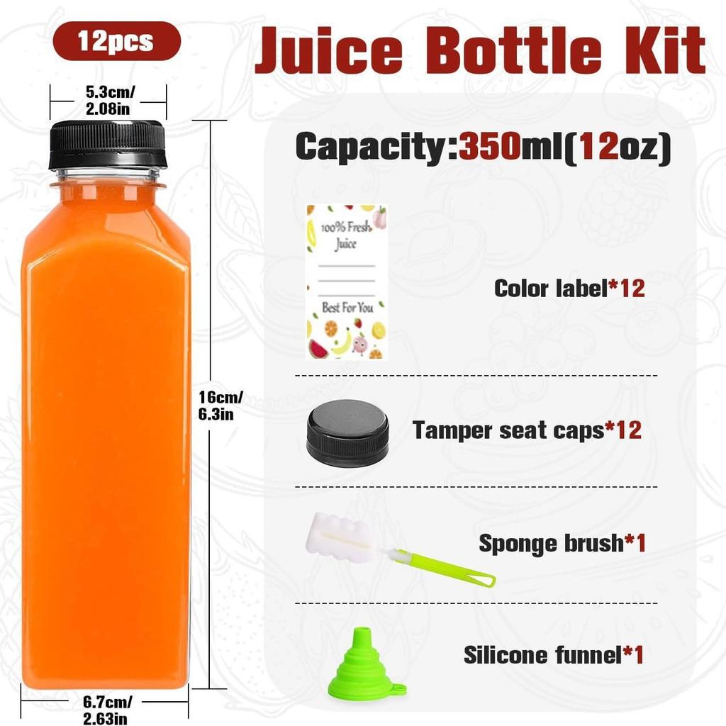 12 Plastic Juice Water Bottles with Lids, 350ML Reusable Water Bottles