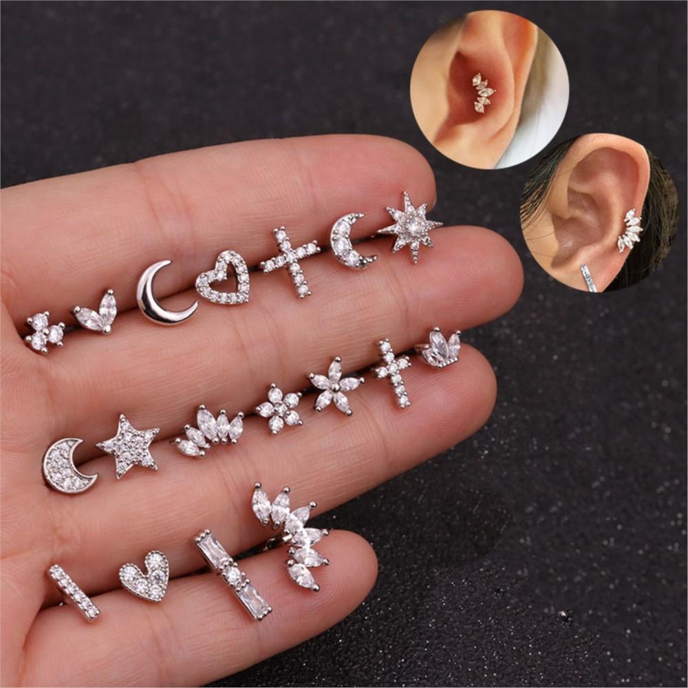 1PC INS Small Helix Piercing Earring For Women Bijou Elagent Cute Heart Cross Crown Cubic Zircon Ear Stud Jewelry Gift KAE348-M