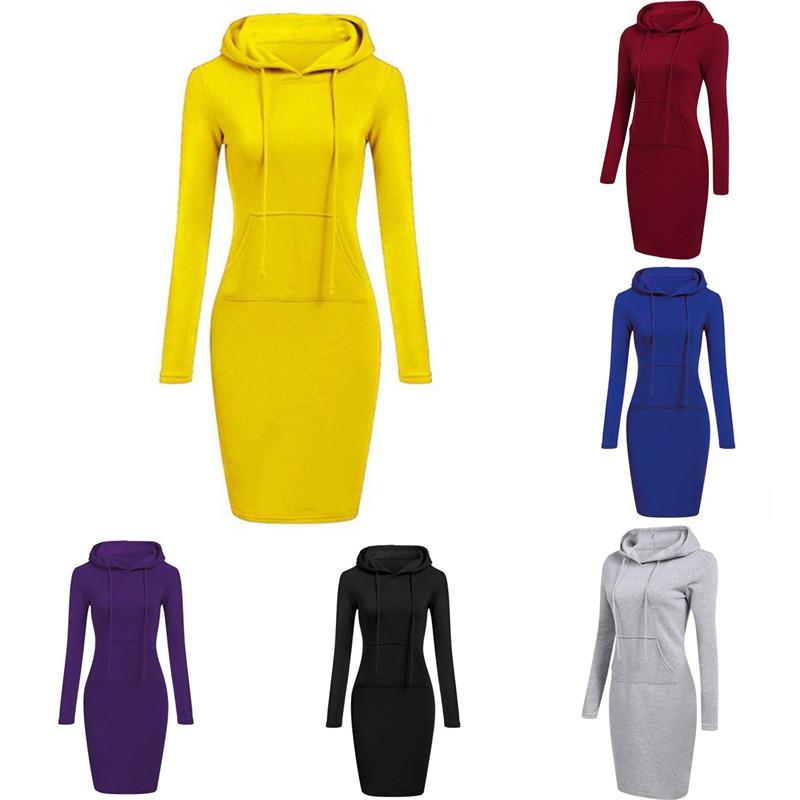 Sonbahar Kış Bayan Uzun Kollu Kapüşonlu Elbise Slim Fit Saf Renk