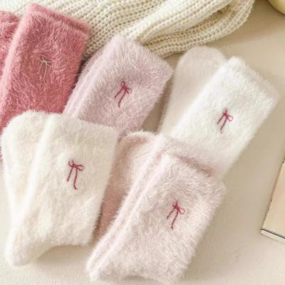 Plush Socks for Women, Autumn and Winter, Thickened and Warm Mid-calf Socks with Bow Embroidery, Postpartum Home Sleeping Floor Socks