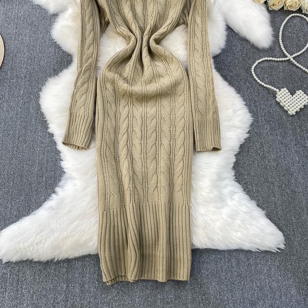 Autumn Winter Women Casual Turtleneck Twist Knitted Sweater Long Midi Slim Bodycon Pullover Dresses