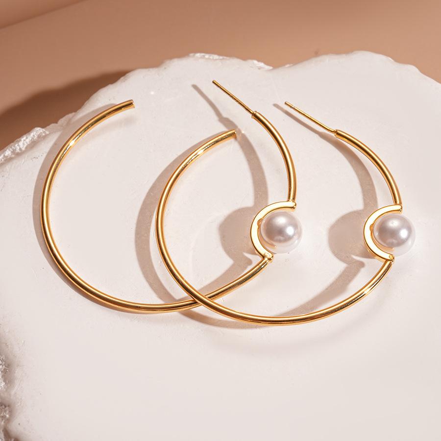 18k real gold electroplated silver needle imitation pearl geometric round earrings simple earrings