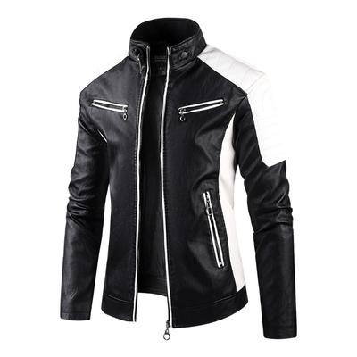 Chaqueta de Cuero para Hombre Moda Sudeste Asiático Tendencia Chaqueta de Cuero para Hombre Combinación de Colores Cuello Alto Chaqueta de Cuero Retro Motociclista Hombre