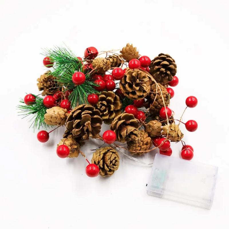 20/30 LED red fruit bell, pine cone, pine needle light string, festive New Year home, Christmas decoration, party atmosphere