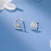 Beixi S999 Silver Star & Moon Asymmetrical Stud Earrings - Crescent Moon & Sunflower Design for Women