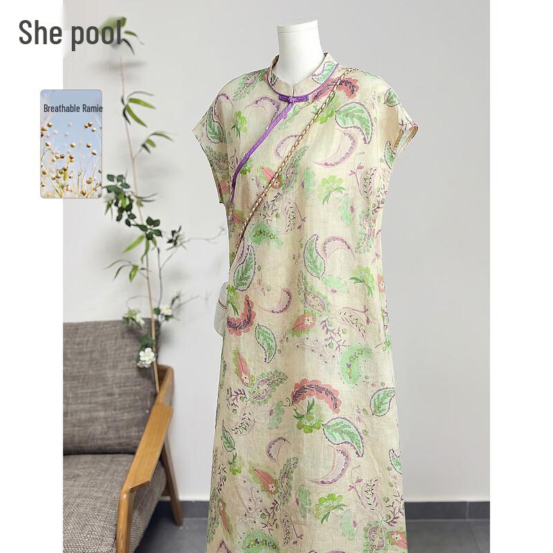 Women s Ramie Printed Stand Collar Cheongsam Dress 2XL