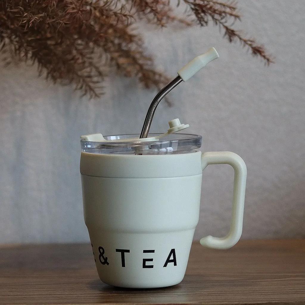 480ml Portable Coffee Mug with Straw Lid Stainless Steel Thermos Mug for Cold Drinks Water Tea Milk Cups Outdoor Bottle