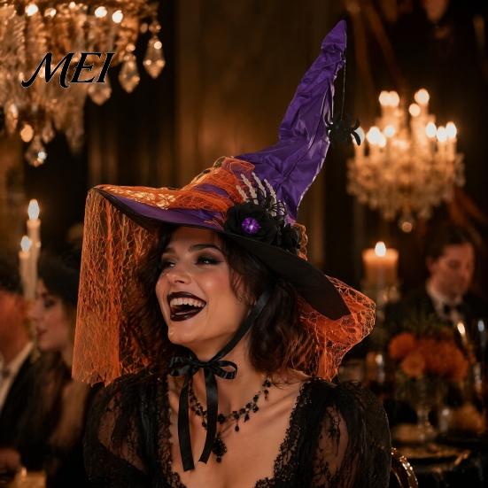 Dark Magician Cosplay Headwear Halloween Witch Hat for Women, Gothic Spider Web Mesh Skeleton Hand Multi Layered Lace Decor Rose Flower Wizard