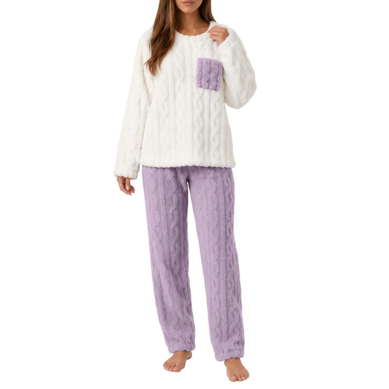 Women's Coral Fleece Jacquard Pajama Set - Thick Velvet, Warm Casual Loungewear for Couples, Autumn/Winter 
