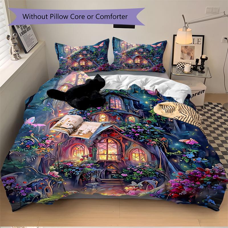 3Pcs Fairy Tale Forest House Bedding Set Quilt Cover Pillowcase Home Christmas Xmas Halloween Gift 1 Duvet Cover 2 Pillowcase M924451