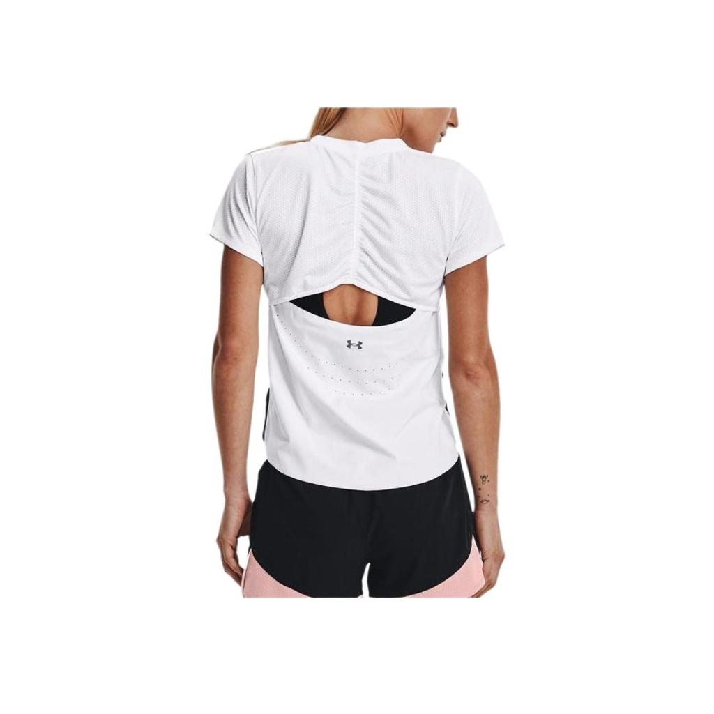 Under Armour Solid Back Hollow Breathable Running Sports Regular T-Shirt Women Tops White 1369800-100