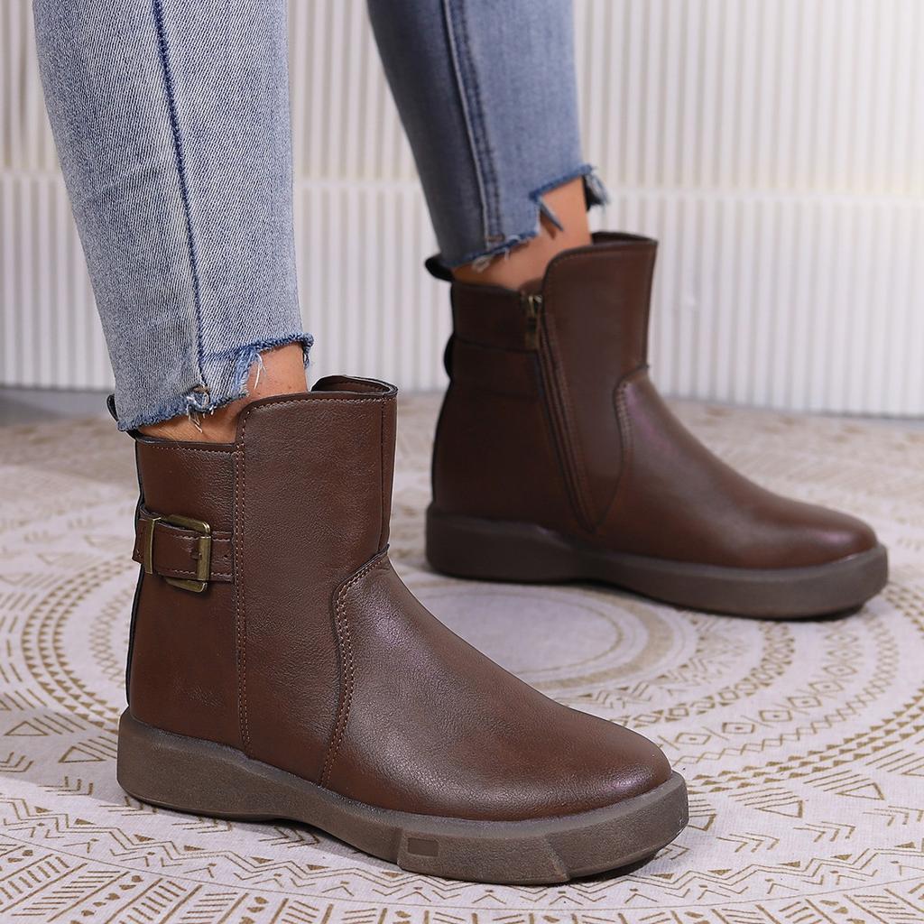 Large size women's autumn and winter new solid color side zipper low boots round head thick sole versatile Martin boots