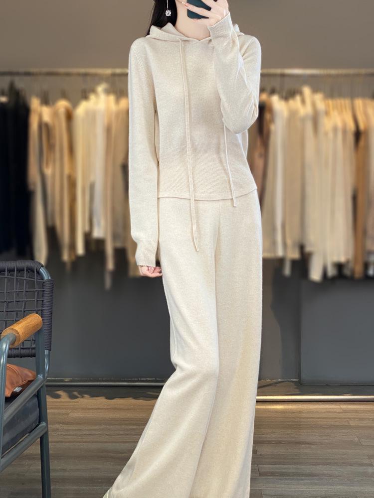 Autumn Gray Wool Slim-Fit Pants & Hooded Knit Sweatshirt Set - Korean Socialite Style