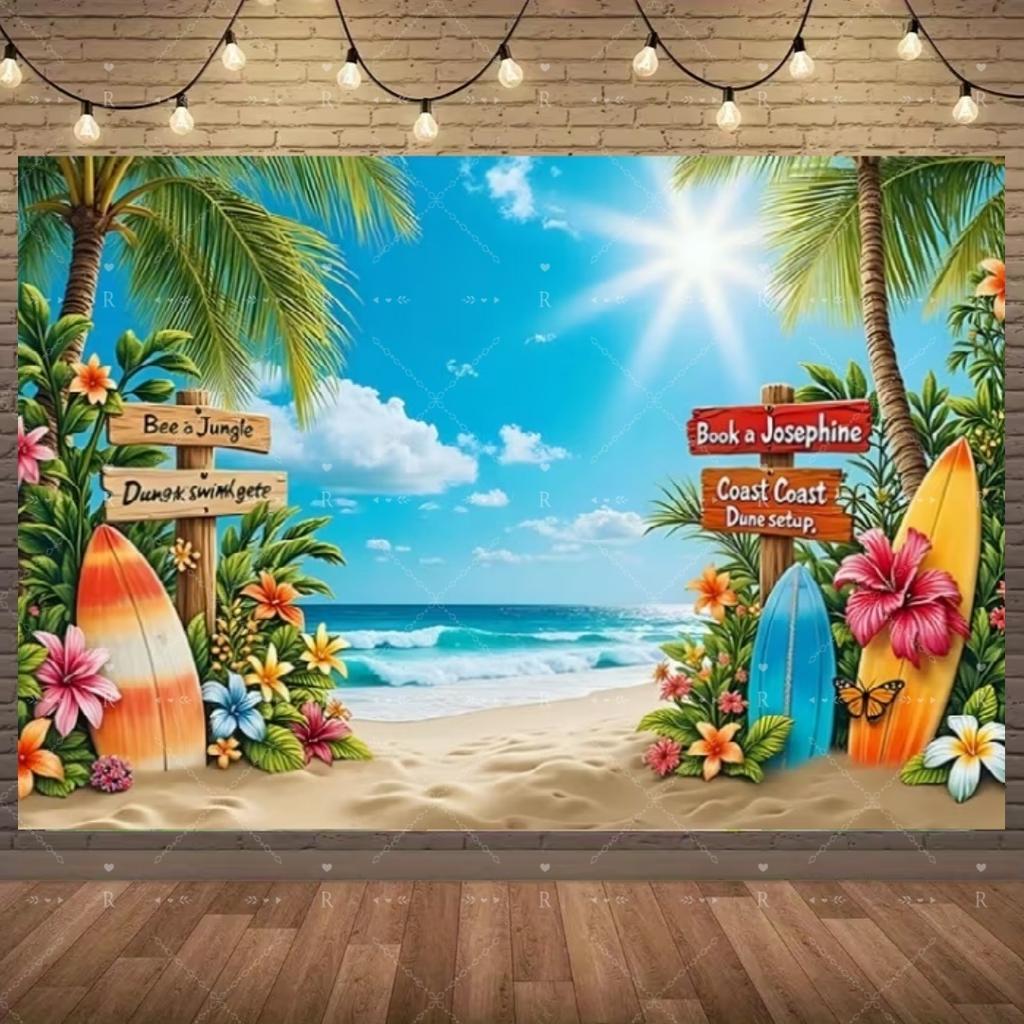 Summer Beach Holiday Party Decoration Backdrop Sunshine Flamingo Ocean Surfboard Portrait Photography Background Props Banner