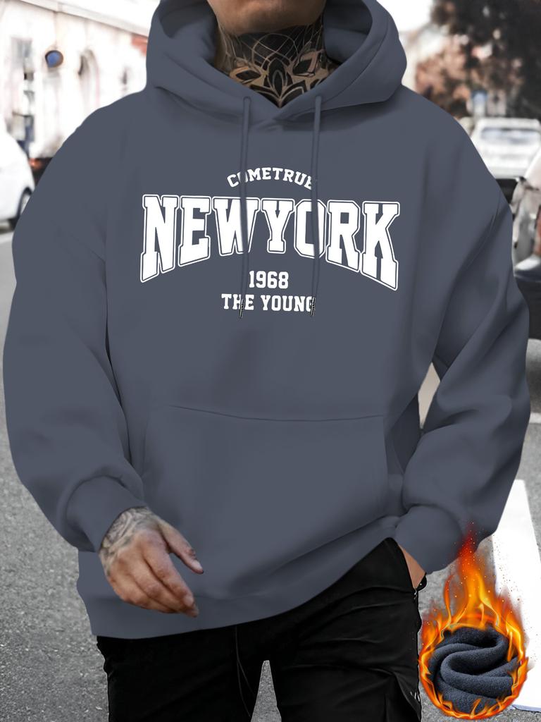 New York Print Hoodie, Men's Cool Hoodie, Casual Headband Kangaroo Pocket Sweater, Suitable for Autumn and Winter